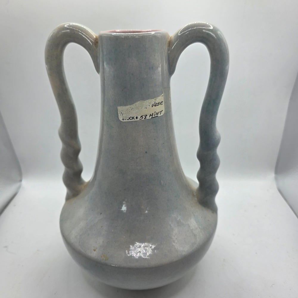 Vintage Gonder H-5 Twist Handle Vase Blue Gray Pink Double Handle USA Pottery